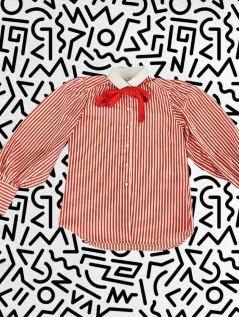 Womens Vintage Red & White Striped Button-Down Shirt with Bow Collar